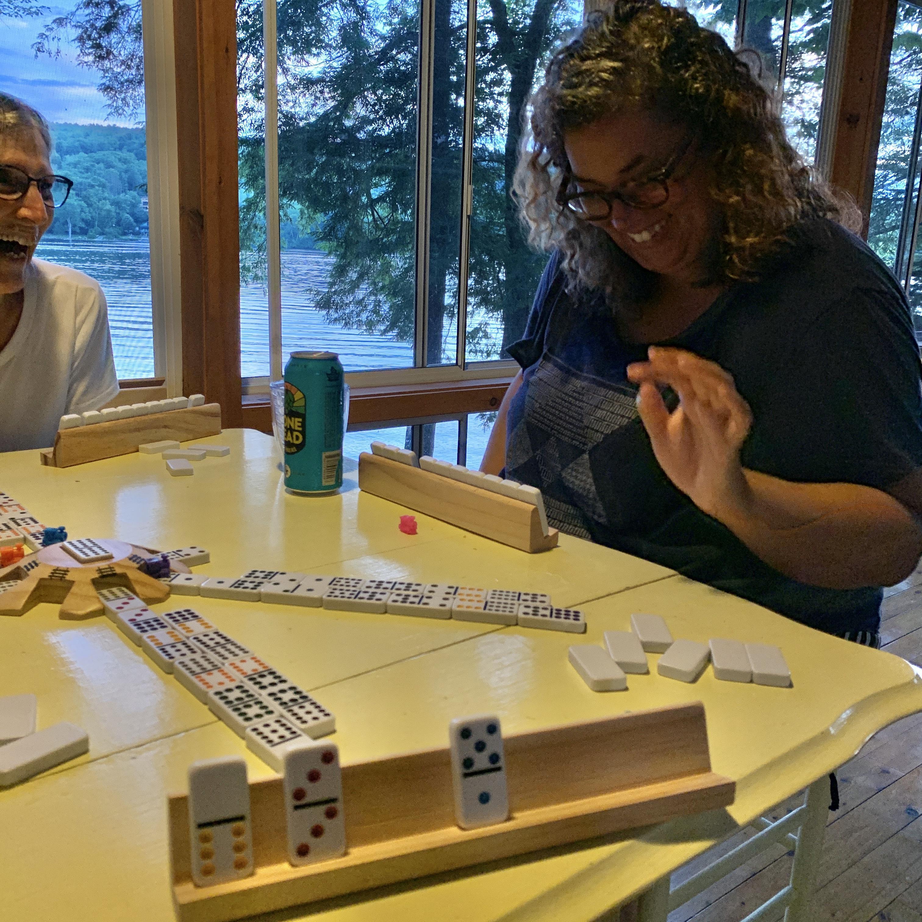 Emmy learns Mexican Train at camp with Ali's mom Judy