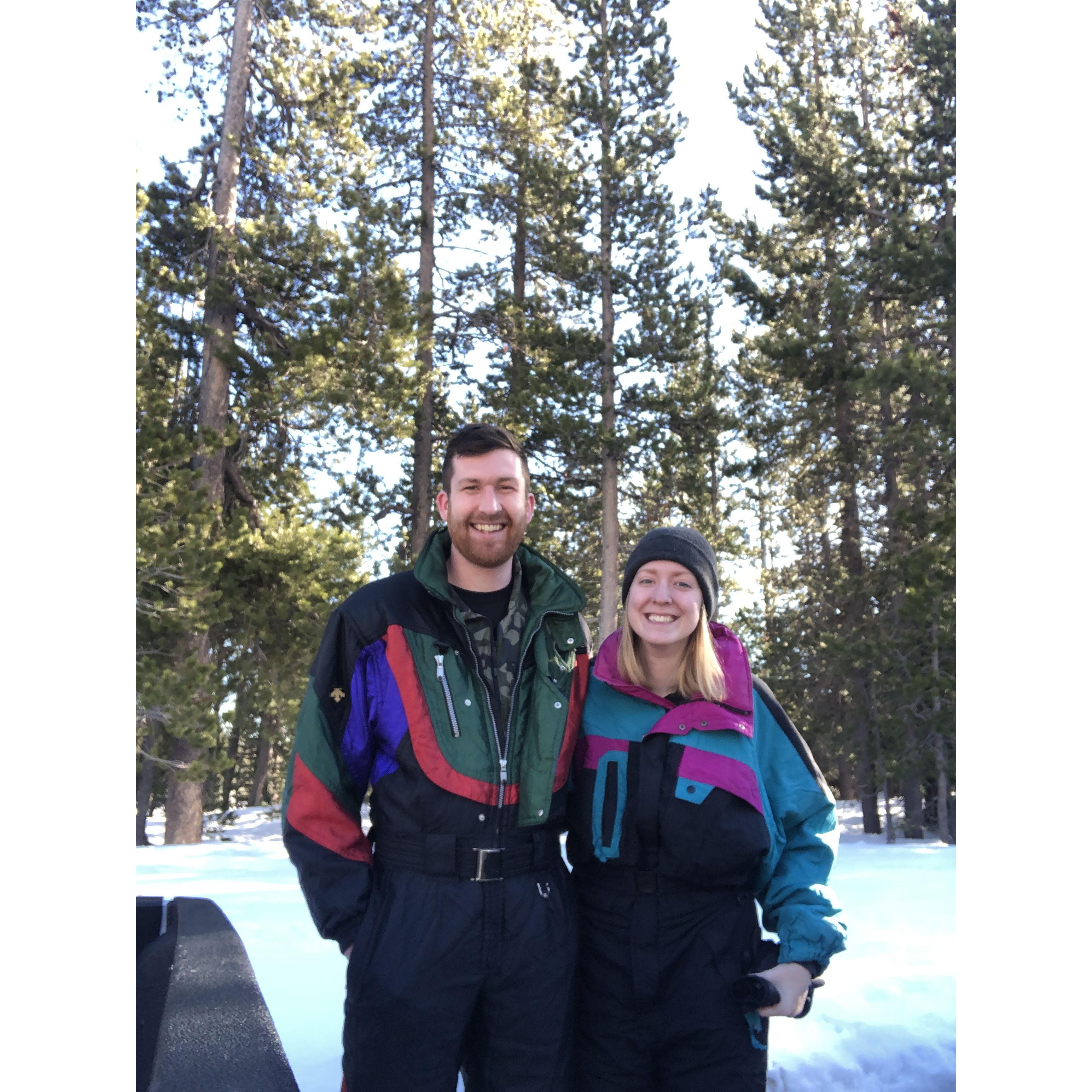 Snowshoeing in vintage ski suits