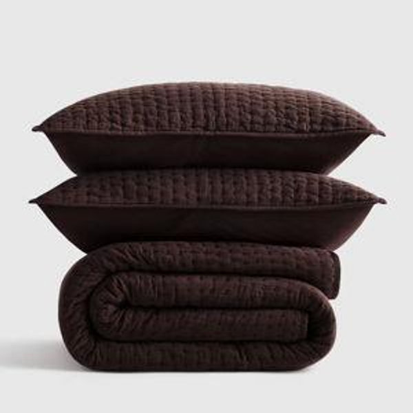 European Linen Cotton Stitch Quilt Set - Espresso, Full/Queen