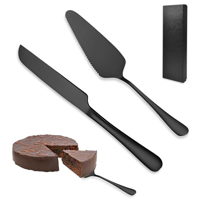 STNRST-IN Cake Knife and Server Set, Stainless Steel Pie Server Cutting for Gathering, Cake Cutter Desert Knife Serving Set for Wedding, Birthday and Parties (Black)