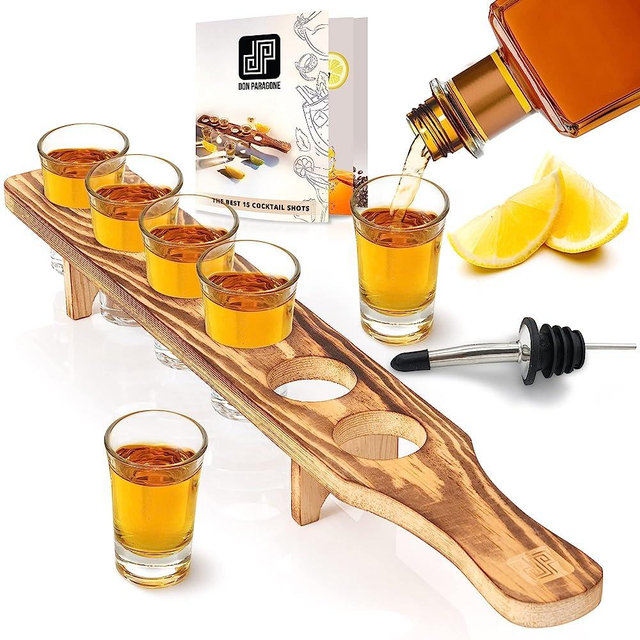 Don Paragone Shot Glasses Bulk Serving Tray and Shot Glass Set of 6 with Bottle Pourer - Tequila Shot Glasses with Wooden Holder - Small Clear Shot Glasses For Restaurant, Bar, Party, Office, Family