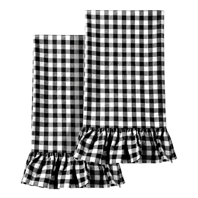HunnmingRe Matte Black Kitchen Towels Set of 2, 100% Cotton Ruffled Gingham Dish Towels 18"x28" Absorbent Tea Cloths Classic Plaid Pattern for Farmhouse Charm, Drying Dishes, Entertaining Guests