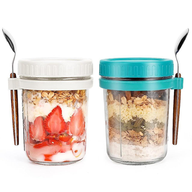 Overnight Oats Jars with Spoon and Lid 16 oz [2 Pack], Airtight Oatmeal Container with Measurement Marks, Mason Jars with Lid for Cereal On The Go Container (white and green)