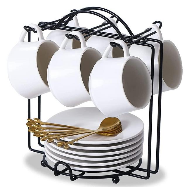 Espresso Cups with Saucers, Spoons and Metal Stand, Lareina Cute 4 oz Ceramic Cappuccino Coffee Cups Set of 6, Demitasse Cups Set for Latte, Americano, Macchiato and Tea (White)