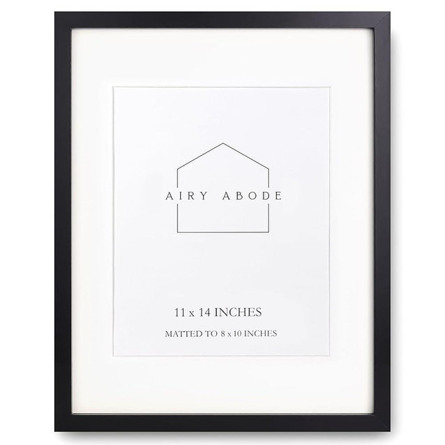 Airy Abode Premium Black Wood Picture Frame 11x14 Matted to 8x10 - Pick Your Size and Color