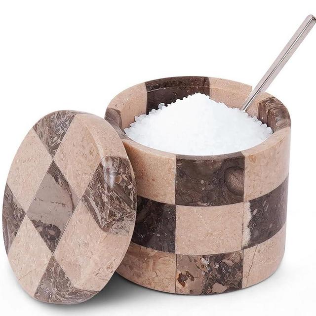 Marble Salt Cellars with Lid and Spoon Oceanic and Verona 3" Stone Containers for Kitchen Countertop, Perfect for Flaky Salt, Sugar, Coffee, and Everyday Seasonings