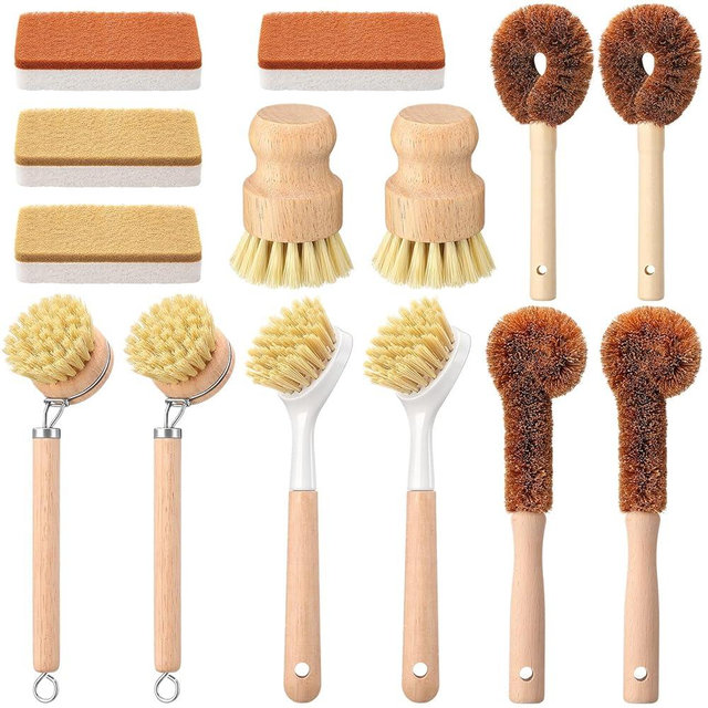 Sliner 14 Pcs Bamboo Dish Brush Set Include Natural Kitchen Sponge Wooden Dish Brush with Sisal Bamboo Scrubber for Kitchen Cleaning Pans Pots Bottles Vegetables