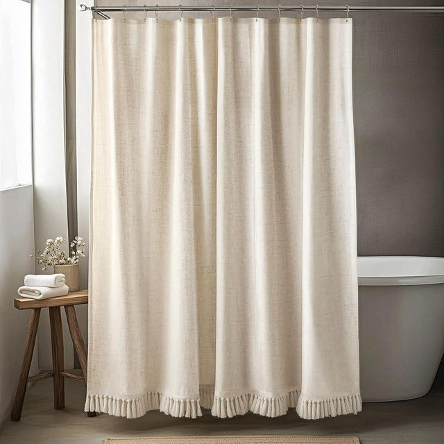TURKIO 60 Inch Natural Linen Shower Curtain with Tassels, Country Boho Farmhouse Bath Decor Beige Shower Curtains for Bathroom Neutral Fabric Bath Curtain