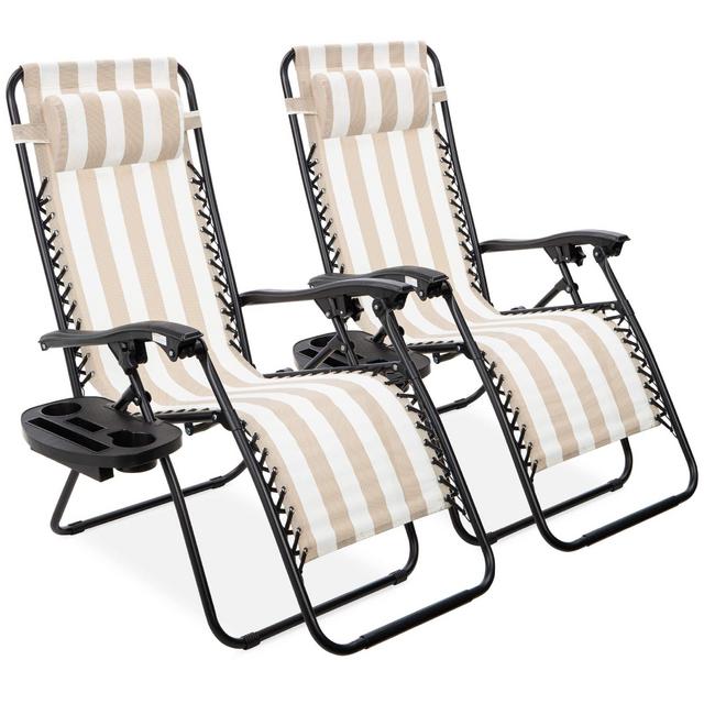 Set of 2 Adjustable Steel Mesh Zero Gravity Lounge Chair Recliners w/Pillows and Cup Holder Trays, Tan Striped
