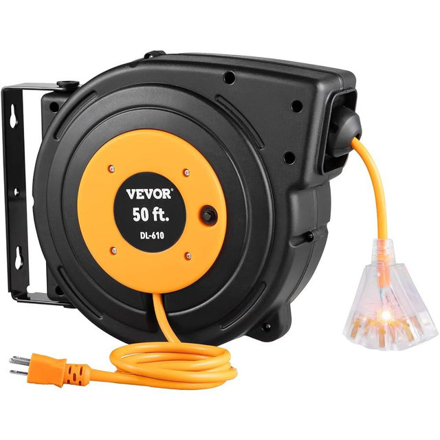 VEVOR Retractable Extension Cord Reel 50 FT Heavy Duty 14AWG/3C SJTOW Power Cord with Lighted Triple Tap Outlet, 13 Amp Circuit Breaker 180° Swivel Bracket for Ceiling or Wall Mount, UL Listed Black