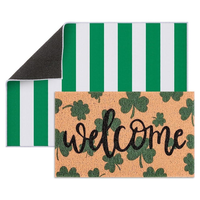 APUDWN 2 Pcs St. Patrick's Day Doormat Shamrock Pattern Welcome Door Mat Non Slip Coir Mat White & Green Striped Layering Mat for St. Patrick's Day Front Door Porch Entryway Decor 23.6 x 31.5 Inch