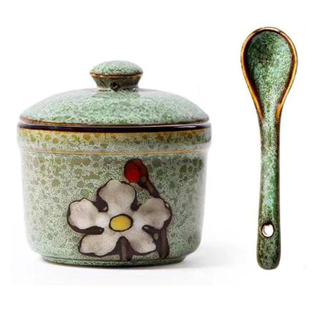 Soyestan Handmade Ceramic Sugar Bowl with Lid and Spoon, 9oz Porcelain Condiment Jar with Hand-Painted Floral Design, Colorful Seasoning Container for Sugar, Salt, Spices Kitchen (Green)