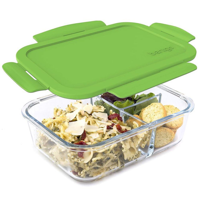 Bentgo Glass Lunch Box - Leak-Proof Bento-Style Food Container with Airtight Lid and Divided 3-Compartment Design - 5 Cup Capacity for Meal Prepping, and Portion-Controlled Meals for Adults (Green)