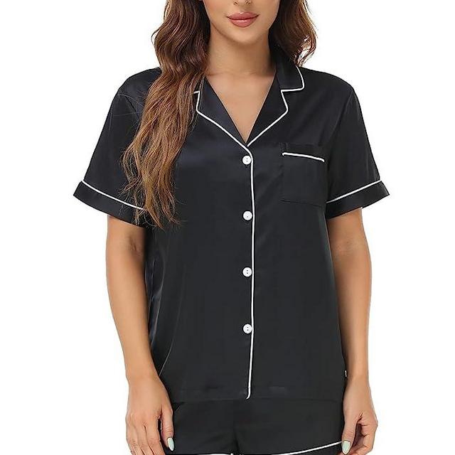 Serenedelicacy Women's Satin Pajama Set 2-Piece Sleepwear Loungewear Button Down Short Sleeve PJ Set