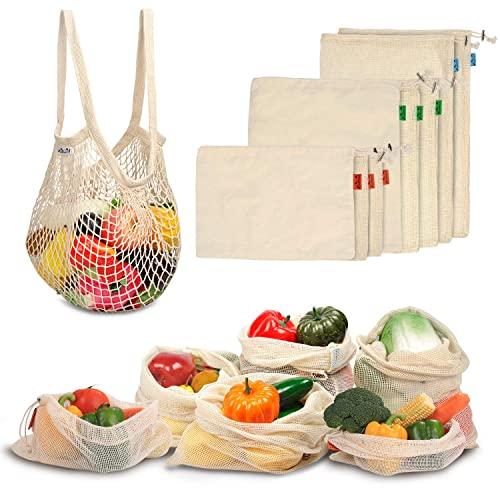 Viedouce Reusable Produce Bags Organic Cotton Mesh Bags Muslin Bags for Shopping, Tare Weight on Label, Set of 9