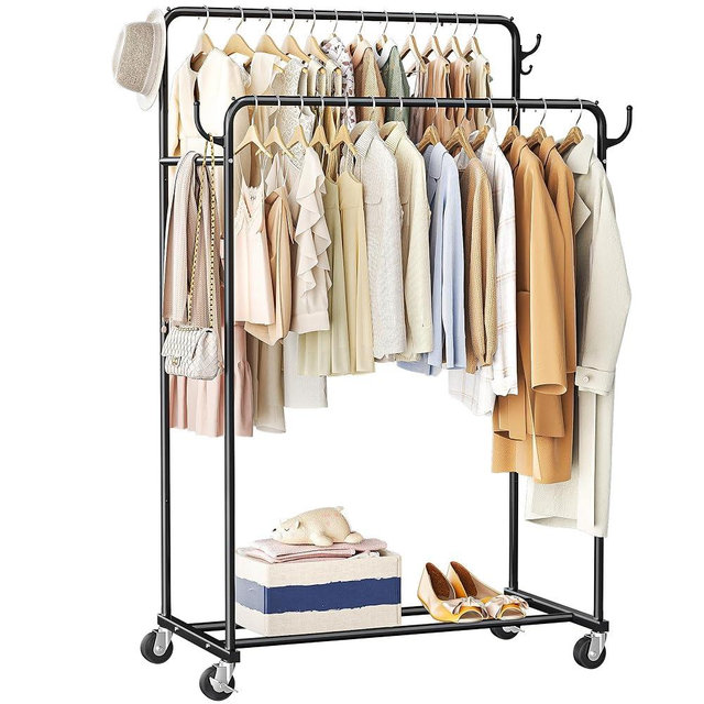 HogHow Clothes Rack, Rolling Clothing Rack with Double Rods for Hanging Clothes, Portable Garment Rack with Wheels, Metal Wardrobe Closet Organizer for Bedroom and Laundry Room