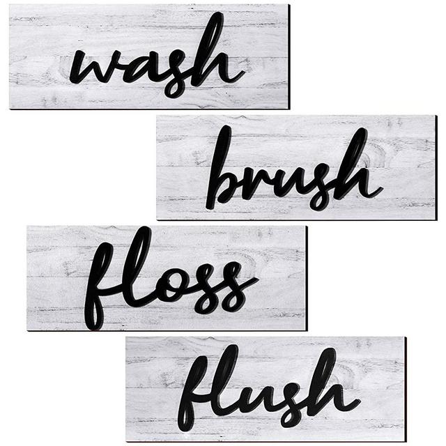 Jetec 4 Pieces Farmhouse Bathroom Wall Decors Wash Brush Floss Flush Signs Rustic Hanging Wooden Signs Primitive Bathroom Wall Arts Vintage Wooden Decorations for Home Laundry Room Bathroom