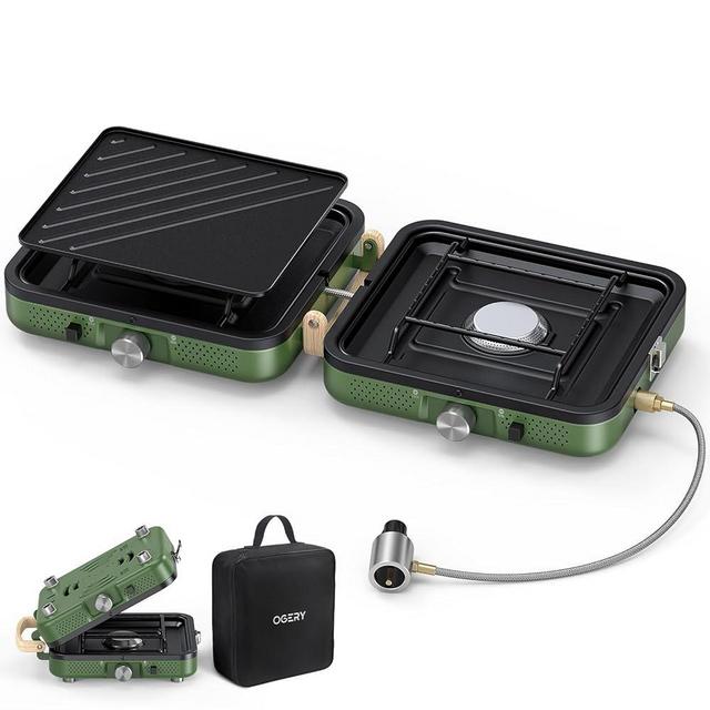 OGERY 2-Burner Foldable Camping Stove with Griddle (Textured & Smooth) and Carrying Bag, Portable Propane Camp Stove with 2 Adjustable Burners & Piezo Ignition, for Camping Tailgating Essentials Gear