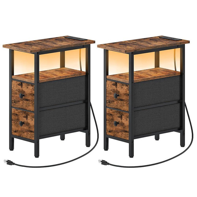 HOOBRO Narrow Side Table Set 2 with LED Light and USB C Port, Night Stand with Charging Station, Skinny End Table with 2 Fabric Drawers, for Bedroom, Living Room, Rustic Brown and Black BF487UDBZP201