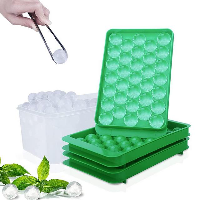 WIBIMEN Round Ice Cube Tray,Ice Ball Maker Mold for Freezer, Circle Ice Cube Tray Making 1.2in X 99PCS Sphere Ice Chilling Cocktail Whiskey Tea & Coffee(3Pack Green Ice trays & Ice Bin & Ice tong)