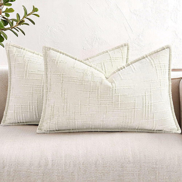 decorUhome Chenille Throw Pillow Covers 12x20 Set of 2, Thick Textured Slubby Neutral Decorative Pillow Covers with Elegant Design for Couch, Sofa, Living Room, Cream White