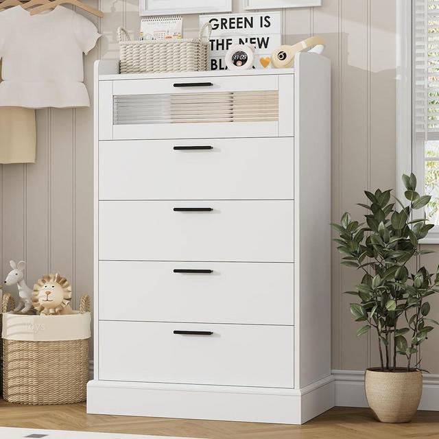 HOSTACK Modern 5 Drawer Dresser for Bedroom, Tall White Dresser Chest of Drawers with Metal Handles, Wood Dresser Storage Cabinet with Anti-Drop Fence & Fluted Glass for Living Room, Entryway, White