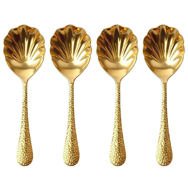 4Pack Serving Spoons 18/10 Stainless Steel Large Serving Spoons Set, Hammered Long Handle Serving Spoons for Buffet, Scalloped Design Serving Utensils for Kitchen Party Buffet Banquet (Gold)