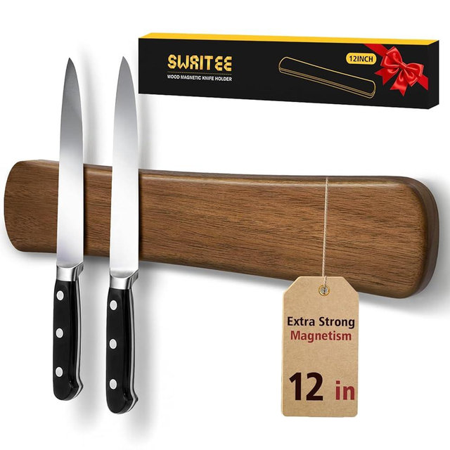 Swaitee Magnetic Knife Holder for Wall, 12 Inch Acacia Wood Magnetic Knife Strip, Kitchen Storage Organizer, Fridge Side Mount, Housewarming Gifts for New Home