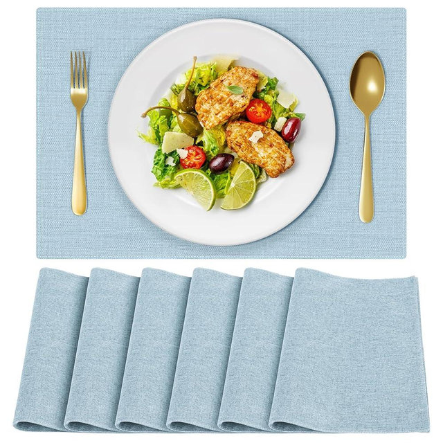 OSUASN Cloth Placemats, Set of 6 Heat-Resistant Cotton Linen Blend Double Layered Machine Washable Place Mats, Wrinkle Free Thick Fabric Dining Table Mats for Indoors & Outdoors (Sky Blue, 6)
