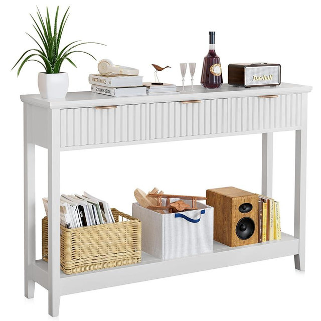Alaxgumrol 47 inch Entryway Table with Storage, Narrow Console Table with 3 Drawers, Modern Sofa Table with Open Storage Shelf for Living Room, Foyer Hallway, White