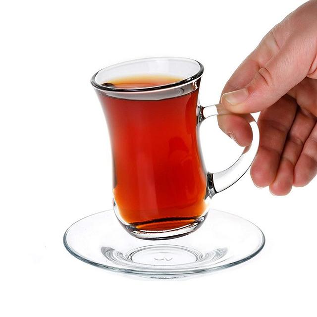 Small Turkish Tea Set 12 Piece Modern Turkish Tea Glasses & Saucers Set, 6 PCs 4.9 oz (145 cc) Clear Glass Tea Cups with Handle and 6PCs Glass Saucers