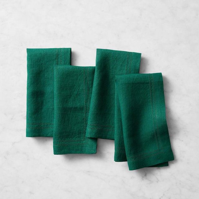 Linen Double Hemstitch Napkins, Set of 8, Evergreen