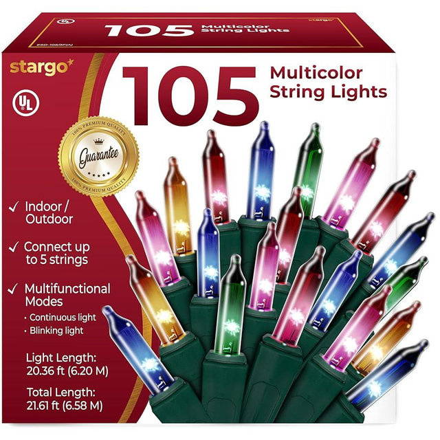 Warm Multi Color Christmas Lights - 20 ft String of 105 Incandescent Mini Bulbs Multifunctional Lighting Modes, for Decorative, Bedroom, Outdoor, Xmas Twinkle Tree Lights with Green Wire Total 21.6 ft