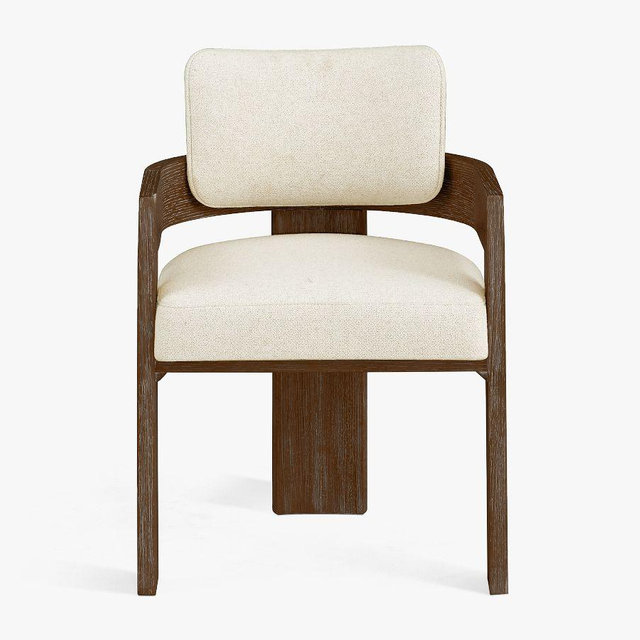 Modern Farmhouse Dining Armchair, Tahoe Brown, Performance Boucle Oatmeal