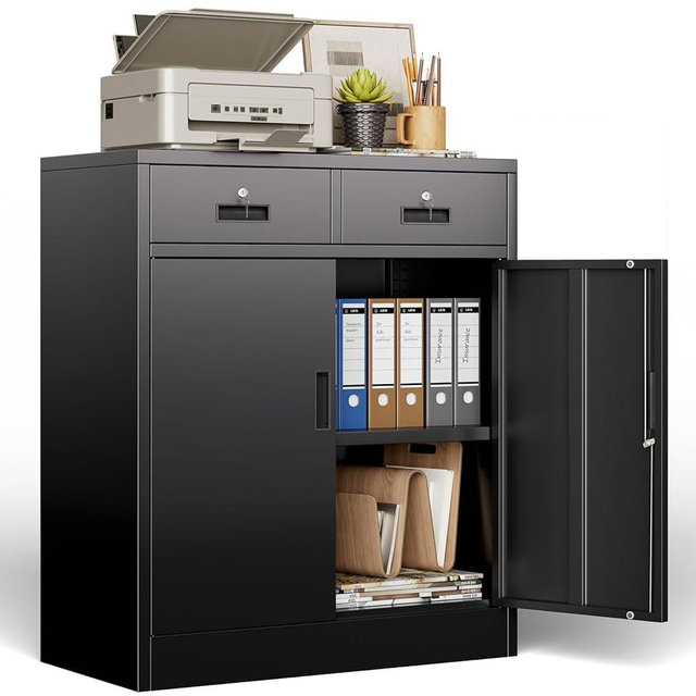 BESFUR 36" H Metal Storage Cabinet with 2 Lockable Drawers and 2 Lockable Doors, Black Locking Cabinet with Adjustable Shelf, Metal Cabinet for Home Office, Garage,School, Warehouse, Utility Room