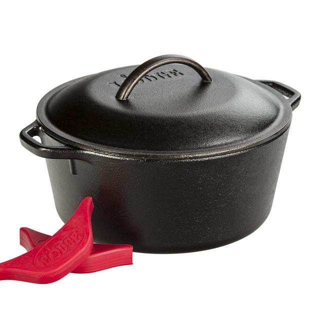 Lodge Cast Iron Dutch Oven with Handle Holders, 5 quart, Black/Red
