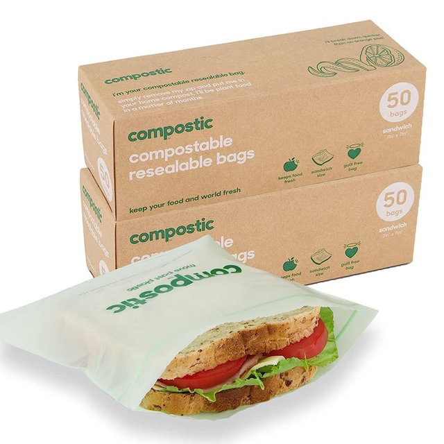 Compostic - Home Compostable Resealable Sandwich Bags (7"x7") - Microwave & Freezer Safe - Organic Lunch Bags & Snack Bags - Food Storage - Eco Friendly - Food Container - 50 Bags (2 Pack) | 100 Count