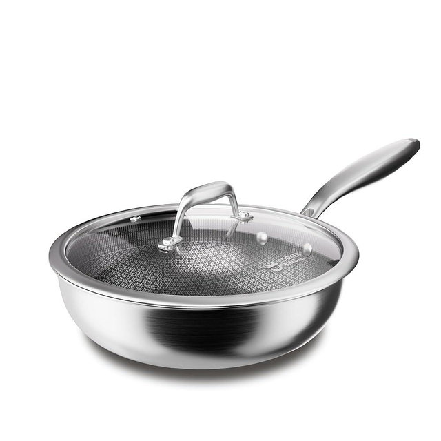 COOKER KING 11-Inch Hybrid Stainless Steel Wok with Lid, Nonstick Stir Fry Pan & Deep Frying Pan, Tri-Ply Clad Honeycomb Everyday Pan, Induction Ready, Oven & Dishwasher Safe, PFOA Free