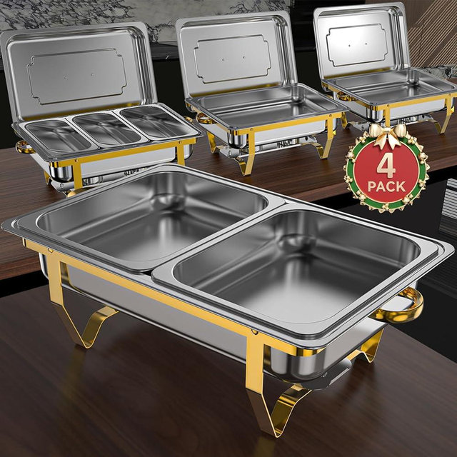 Chafing Dish Buffet Set, 8QT High Grade Chafing Dishes for Buffet, Chafers and Buffet Warmers Sets for Wedding, Rolled-Edge Design with Gold and Silver, 4 Pack (1 Pan, 1 Pan, 2x1/2 Pan, 3x1/3 Pan)