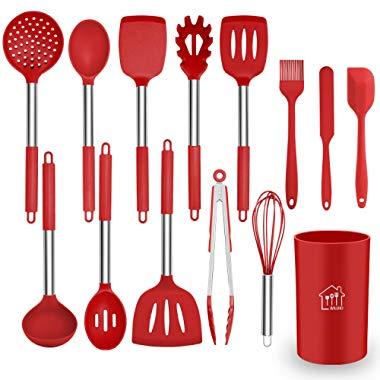 Silicone Cooking Utensil Set, AILUKI Kitchen Utensils 14 Pcs Cooking Utensils Set,Non-stick Heat Resistant Silicone,Cookware with Stainless Steel Handle - Red