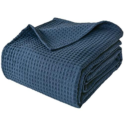 PHF 100% Cotton Waffle Weave Thermal Blanket King Size 108" x 90" for Home Decorations - Soft Comfortable Breathable and Moisture Absorption for All Season - Perfect for Couch Bed Sofa Navy Blue