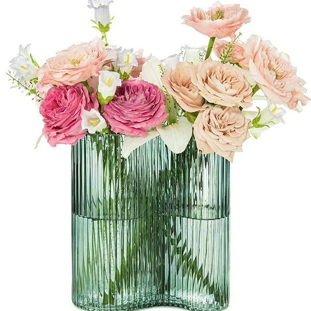MOLIMAO Glass Vase for Centerpieces,Modern Large Vase for Flowers,Footprint Shape Striped Bottle for Home,Office Restaurant Desk Decor 8.3 Inch(Dark Green)
