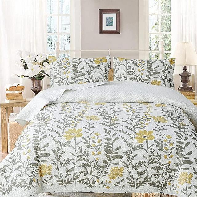Ultra Soft Reversible Floral 3 Piece Quilted Coverlet Set Full/Queen (90X90in.) with Shams,Yellow Flower Gray Leaf Lightweight Botanical Bedspread Quilt Bed Cover All-Season Bedding Set (Queen,Yellow)
