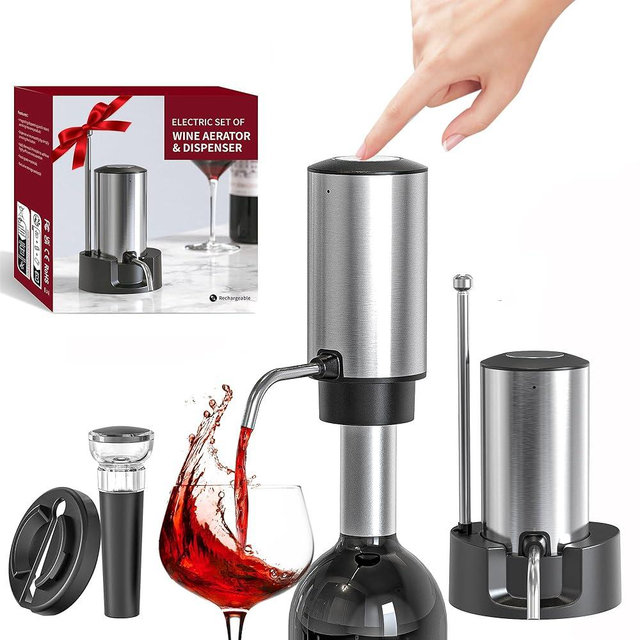 Electric Wine Aerator Wine Decanter Set Rechargeable Automatic Wine Dispenser Wine Pourer with Storage Base, Wine Stopper, Foil Cutter, Retractable Food Grade Stainless Steel Straw