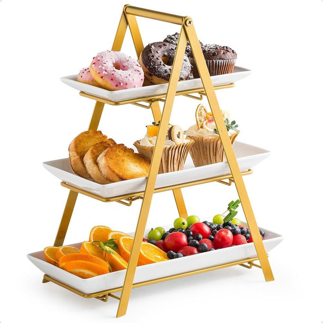 YHOSSEUN 3 Tier Serving Tray, Porcelain Tiered Tray Stand, 10+12+14 Inch Serving Platters and Trays with Collapsible Sturdier Rack, 3 Tiered Serving Stand Dessert Stands Treat Table Display Set, Gold