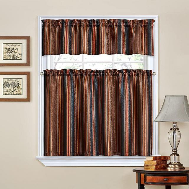WAVERLYTraditions Kitchen Curtains Set for Windows - Stripe Ensemble 52" x 36" Short Curtain Tiers Set Small Window Valance Bathroom, Livingroom and Kitchens, Onyx