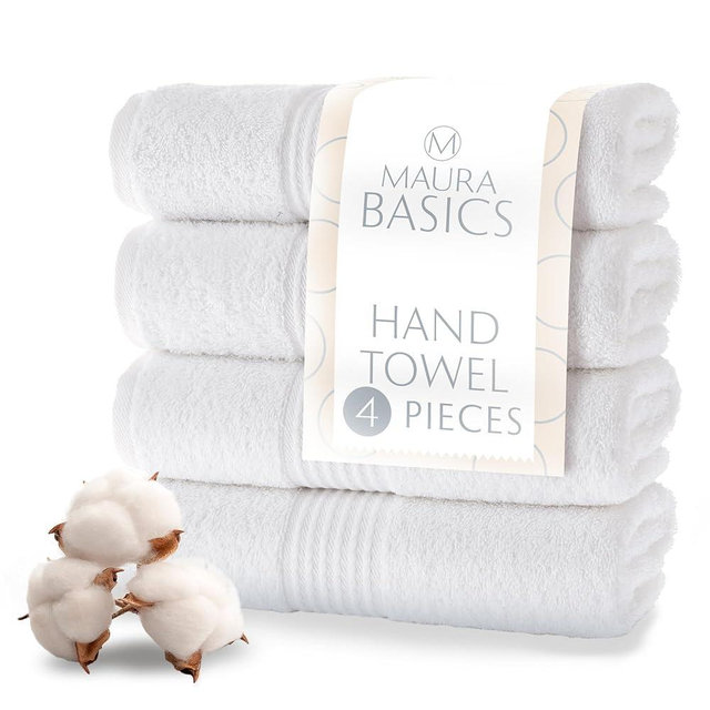 MAURA Basics Hand Towels for Bathroom Made Turkish Cotton - High-Performance Bathroom Towels with Hanging Loops, Standard Size 16”x30” for Daily Luxury, White