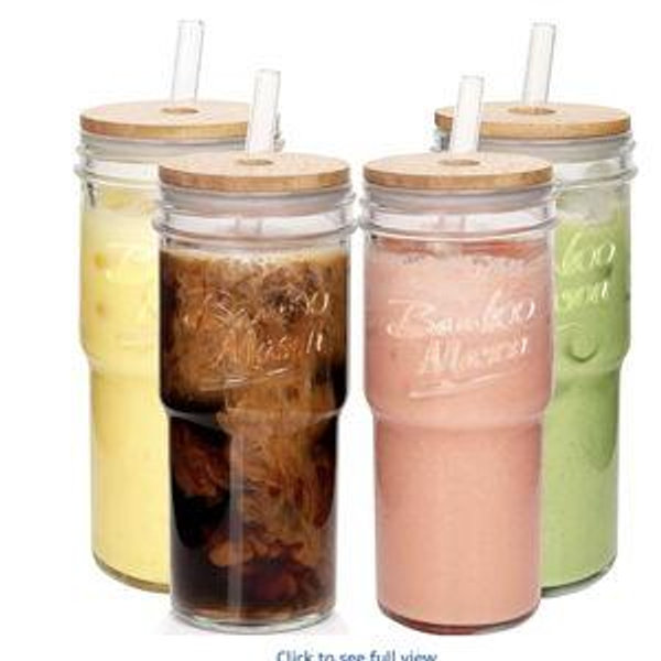 ANOTION Glass Cups with Lids and Straws