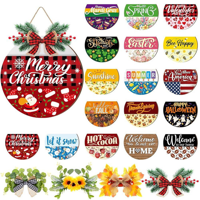 Vicenpal Interchangeable Welcome Sign for Front Door with 17 Magnetic Icons, Wooden Seasonal Front Porch Door Decor with 4 Seasonal Wreaths and 17 Changeable Icons for Holiday Party