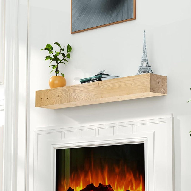 LOVMOR Floating Fireplace Mantel - 60in Natural Wood Mantel with 4 Shelves, Wall Mount for Over Fireplace | 48" x 8" x 5"